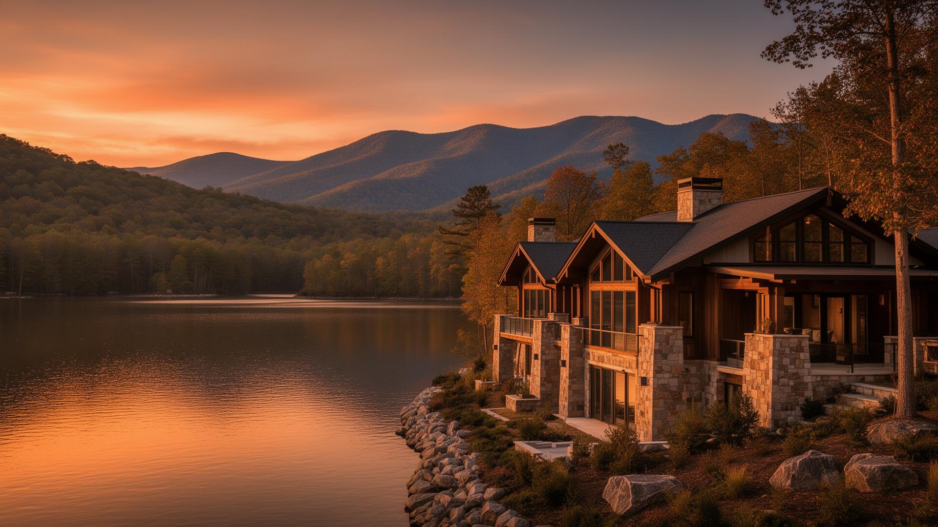 Custom lakefront home at sunset on Lake Lure with Blue Ridge mountains